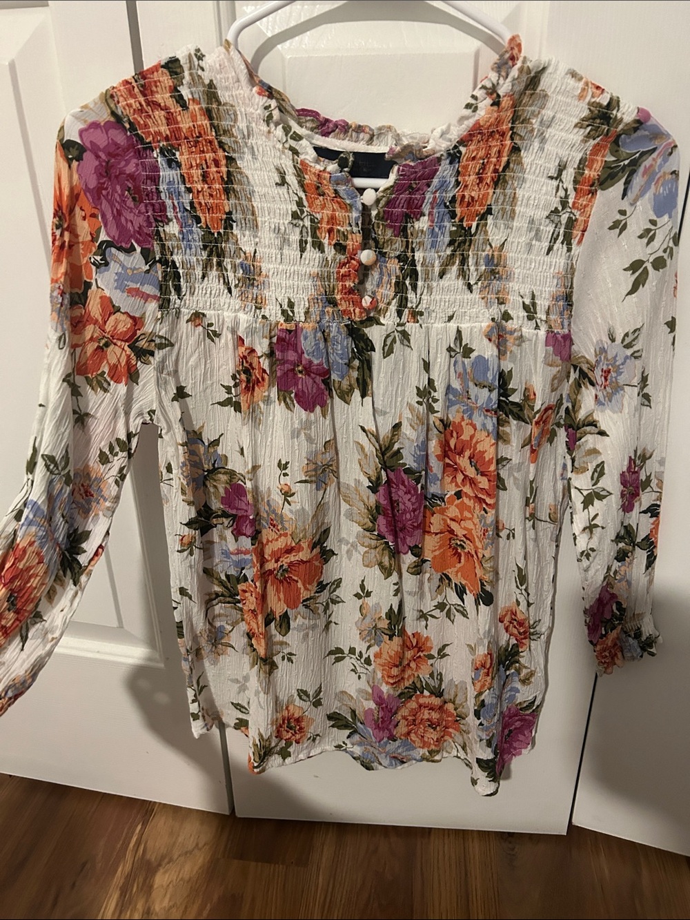 Floral Smocked Long-Sleeve Peasant Top - White with Orange & Purple Flowers